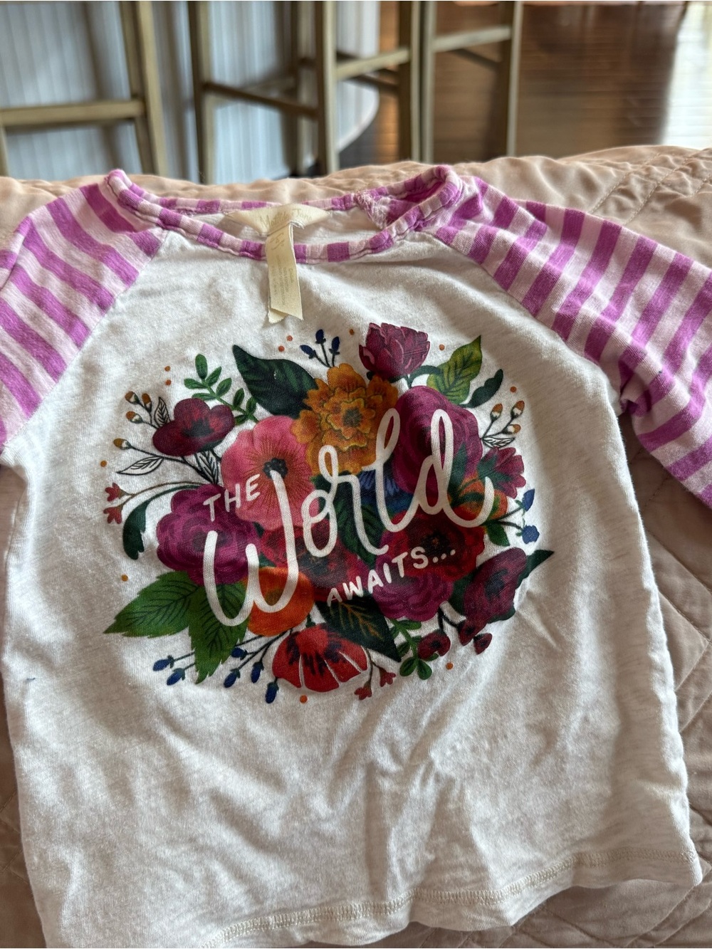 Girls White & Pink Striped Raglan Top with Floral 'The World Awaits' Print